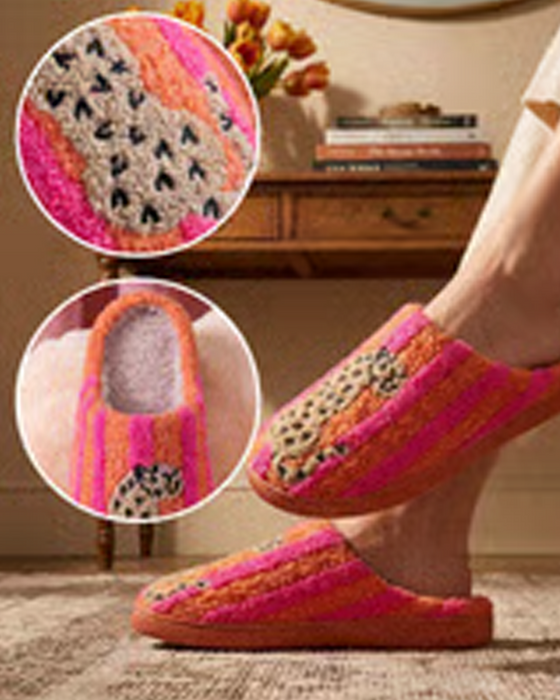 Dames Retro Gestreept & Luipaard Pluizige Pantoffels