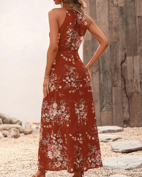 Kleid Halterneck Schlitz Tailliert Blumenmuster