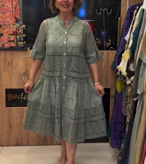 Kleid Stehkragen Spitze Hohl A-Linie