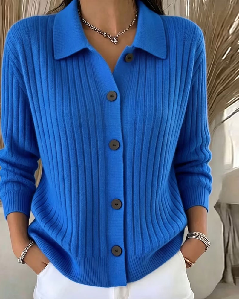 Strickjacke Geknöpft Gerippt Revers