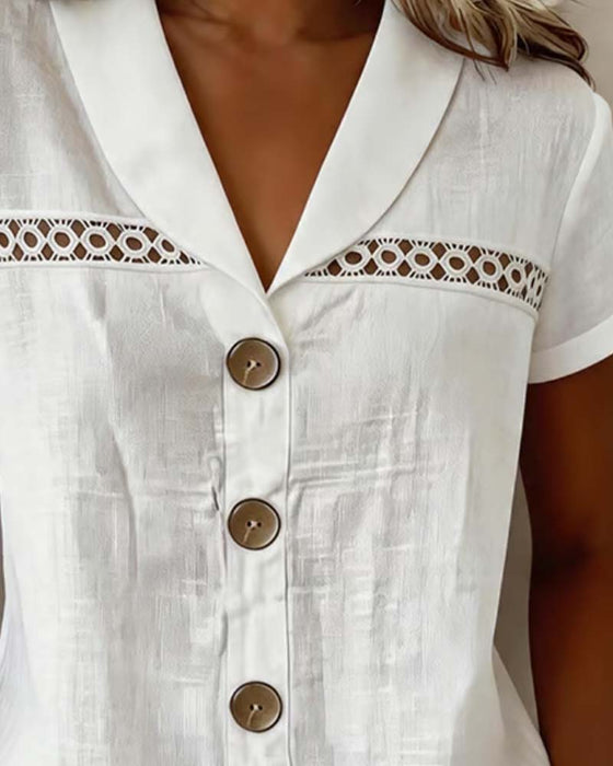 Bluse V-Ausschnitt Knopf Ausschnitt Uni