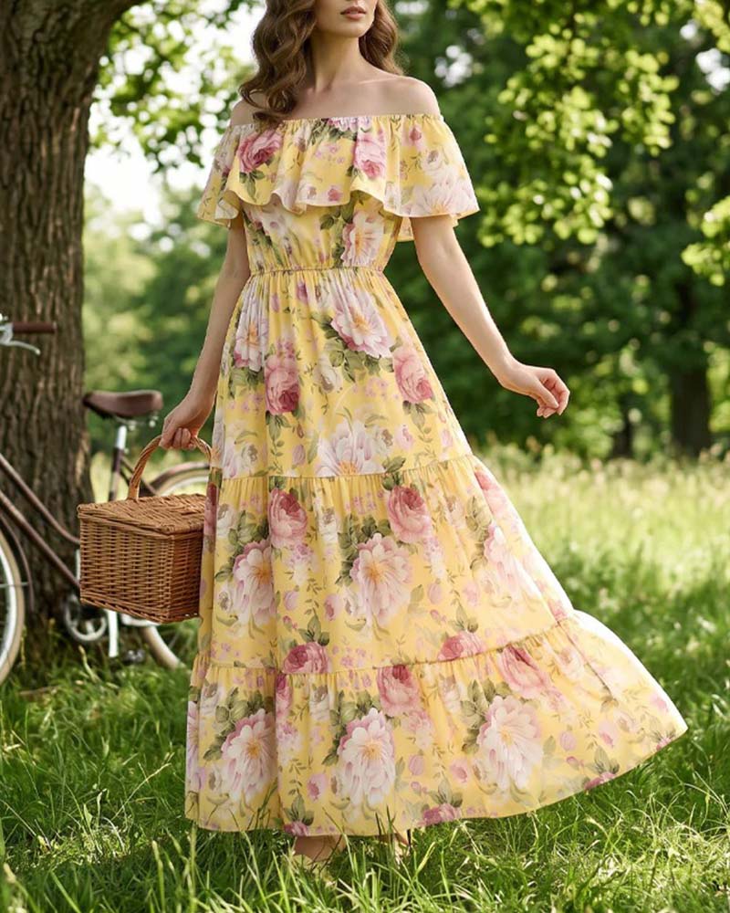 Kleid Off-the-Shoulder Blumenmuster taillierend