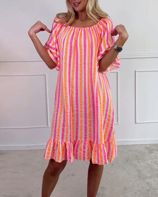 Kleid Rundhals gestreift plissiertes Shiftkleid