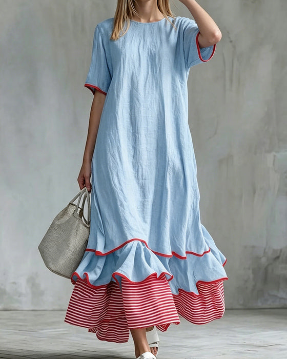 Kleid Farbblock Streifen Rüschen Maxi