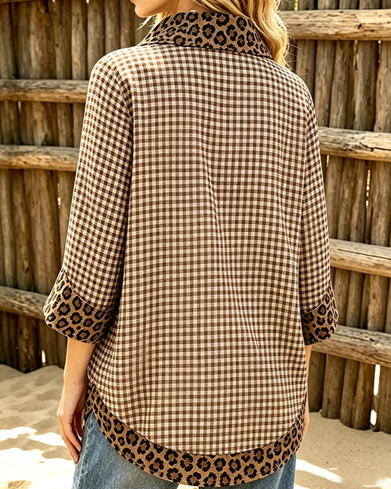 Bluse Revers Leopard Patchwork Karo
