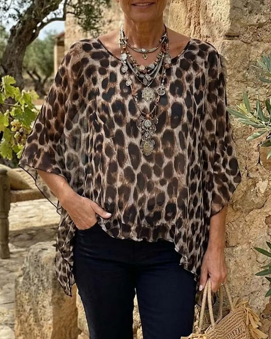 Bluse Leopard Fledermaus-Ärmel Locker