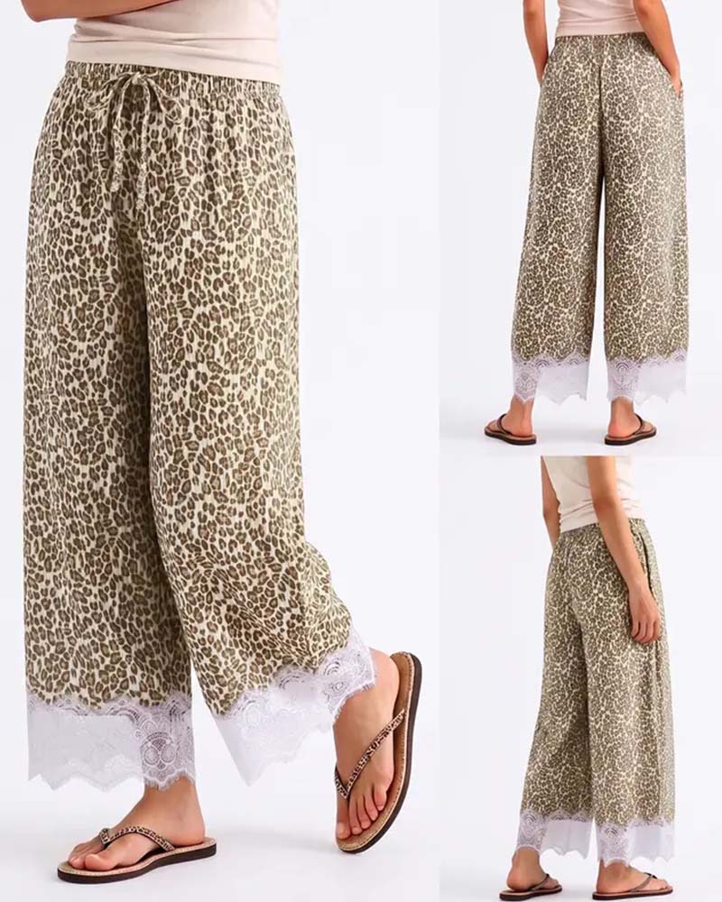 Hose Elastischer Bund Leopardenmuster Spitze Spliced Weites Bein
