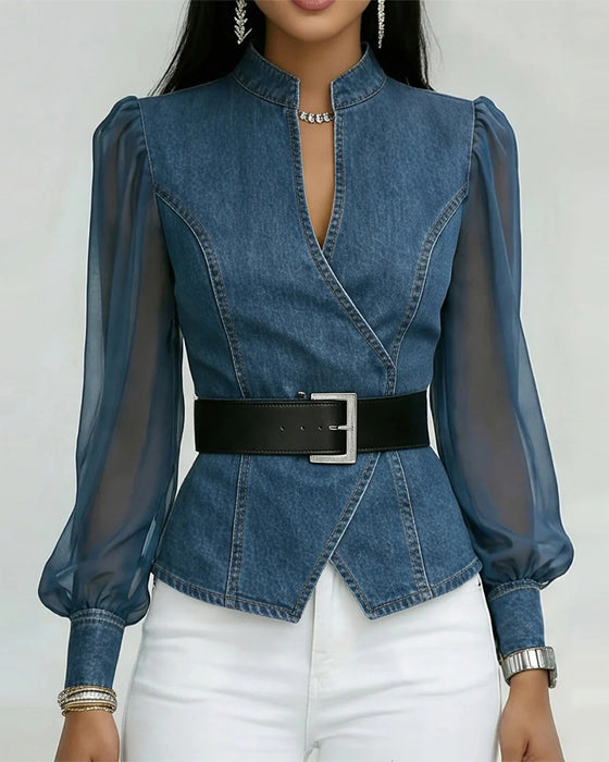 Bluse aus elegantem Mesh und Denim