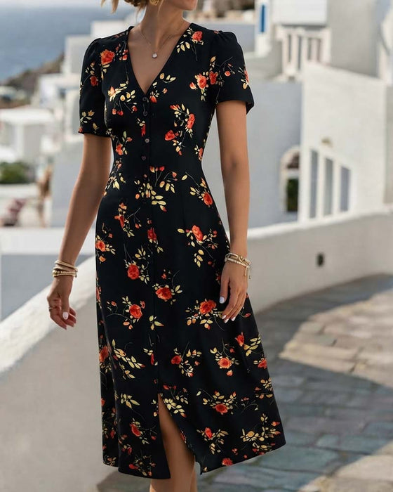 Blumen-V-Ausschnitt-A-Linien-Kleid Mit Schlitz