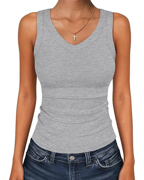 Tanktop V-Ausschnitt Gerippt Einfarbig