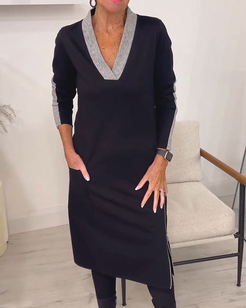 Kleid Farbblock V-Ausschnitt Gestrickt Midi