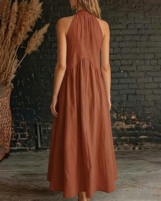 Kleid 100% Baumwolle Ärmellos Stehkragen Unifarben Maxi