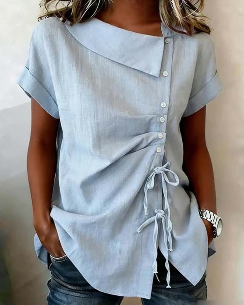 Bluse Diagonal Kordelzug Binden Kurzarm