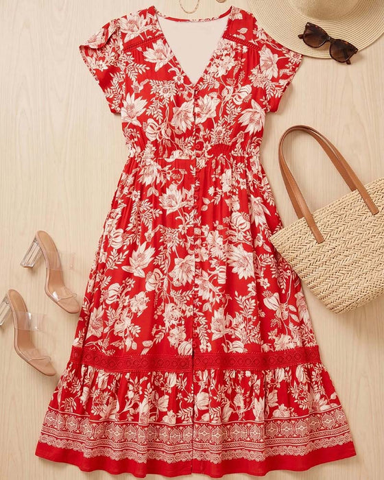 Kleid V-Ausschnitt Blumen Patchwork A-Linie