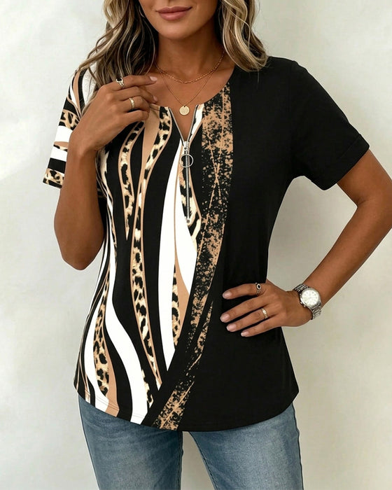 T-Shirt Reißverschluss Leopard Print Farbblock Lässig