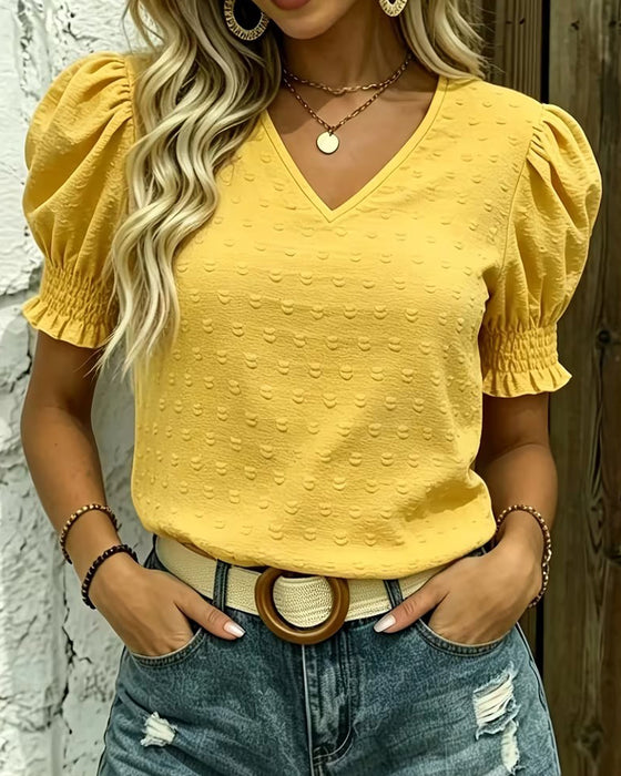 Bluse Puffärmel V-Ausschnitt Jacquard