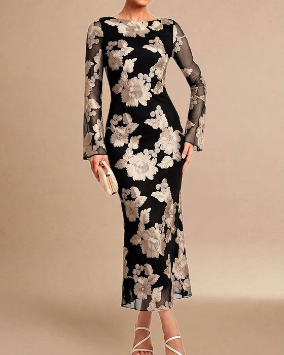 Kleid Mesh Blumig Lang