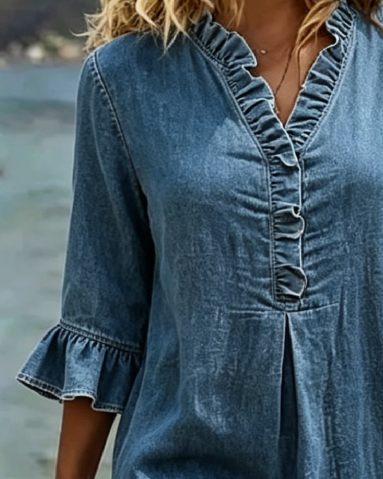 Kleid Gerüscht V-Ausschnitt