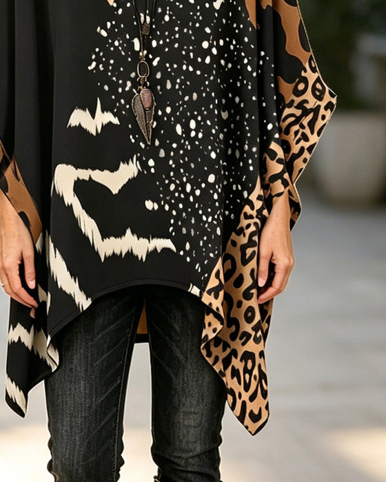 Bluse Rundhals Leopardenmuster Pailletten Patchwork