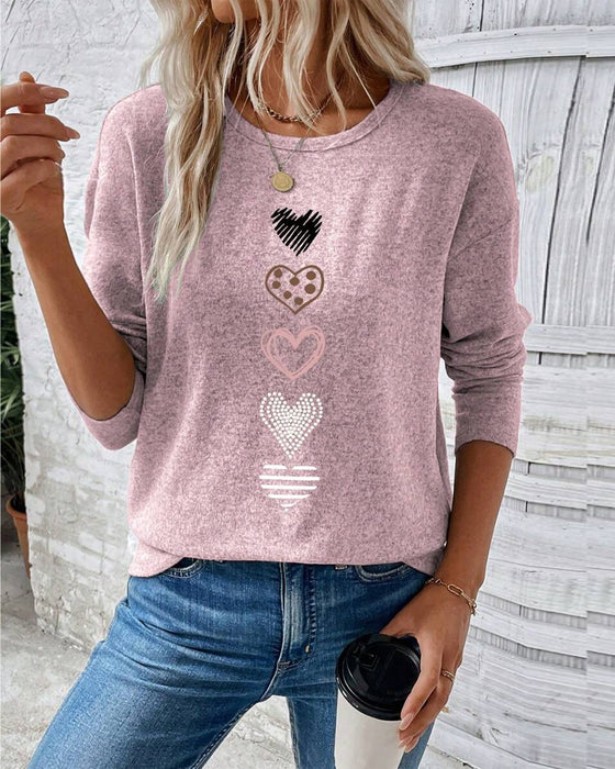 Top Langarm Rundhals Liebesherz-Print