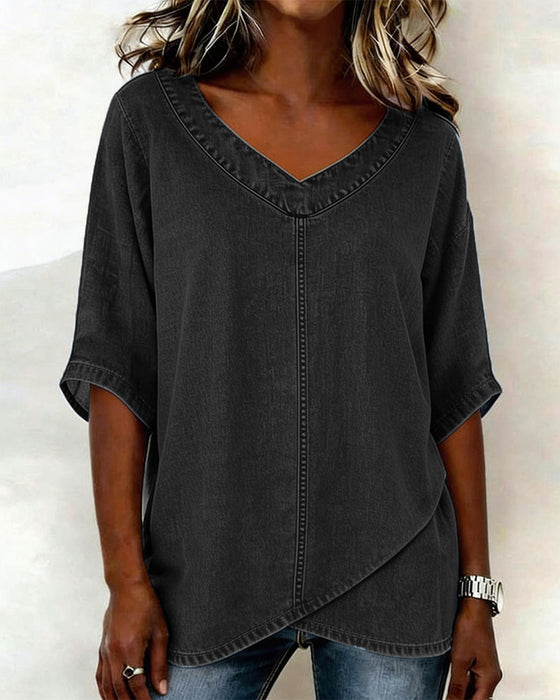 Top V-Ausschnitt Lässig Denim