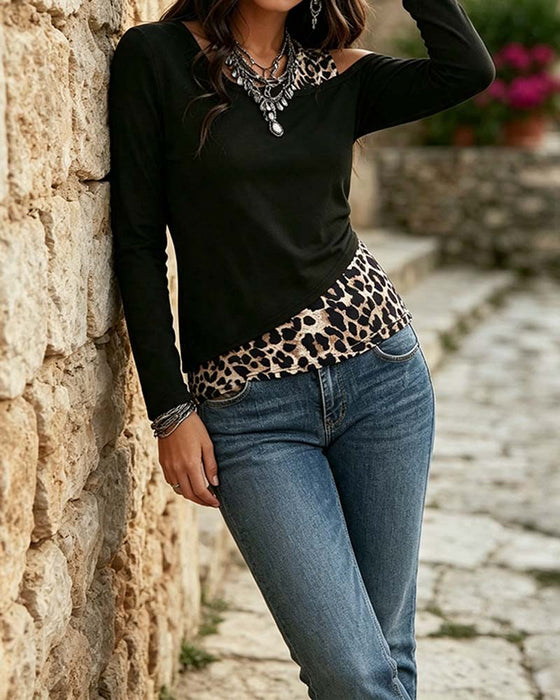 Bluse Rundhals Leopard Panel Off-Shoulder