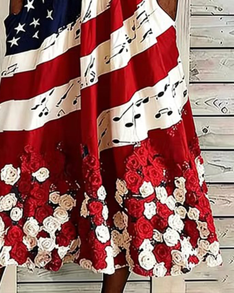 Bedrucktes Kleid Mit Rundhalsausschnitt Midi-Länge