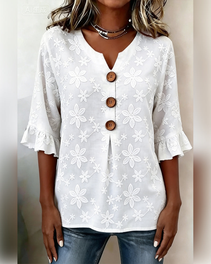 Blouse RüschenGlockärmel Margeriten-Jacquard