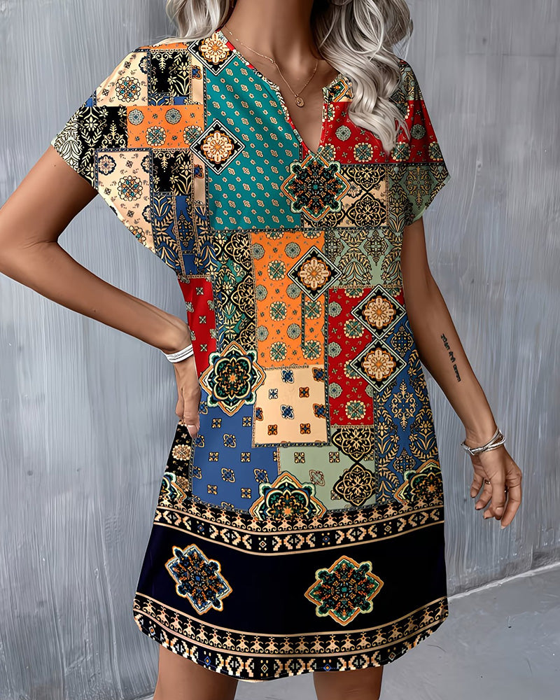 Kleid Ethno Farbblock Kurzarm