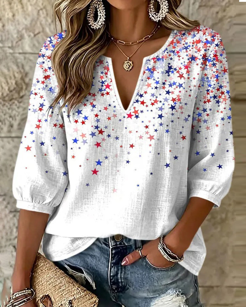 Blusen V-Kerbe Hals Stern Print