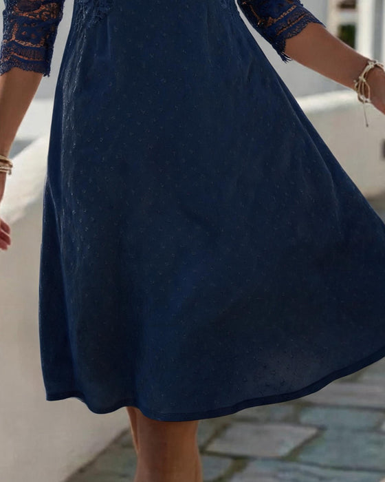 Kleid V-Ausschnitt Spitze Patchwork A-Linie