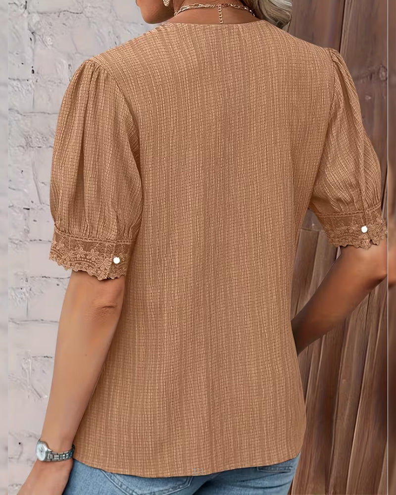Bluse Spitze Patchwork V-Ausschnitt Puff Ärmel