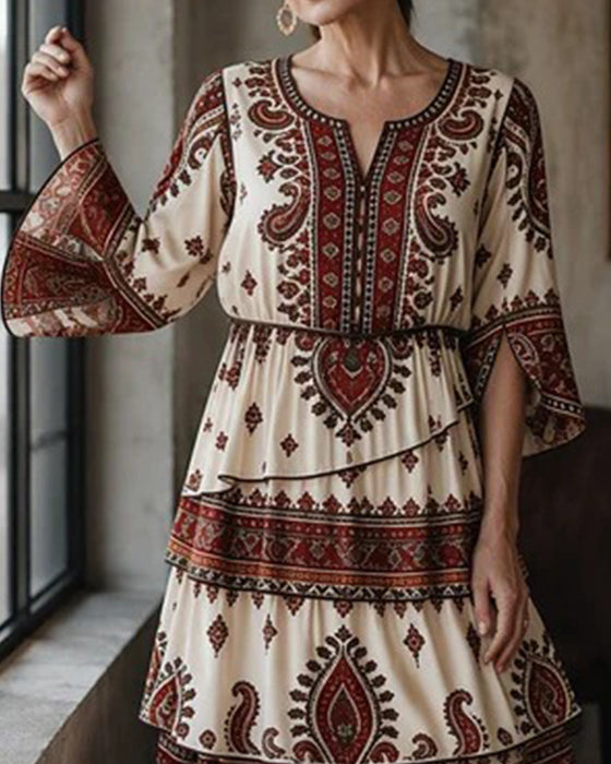 Kleid Bedruckter Rundhals Halb-Ärmel