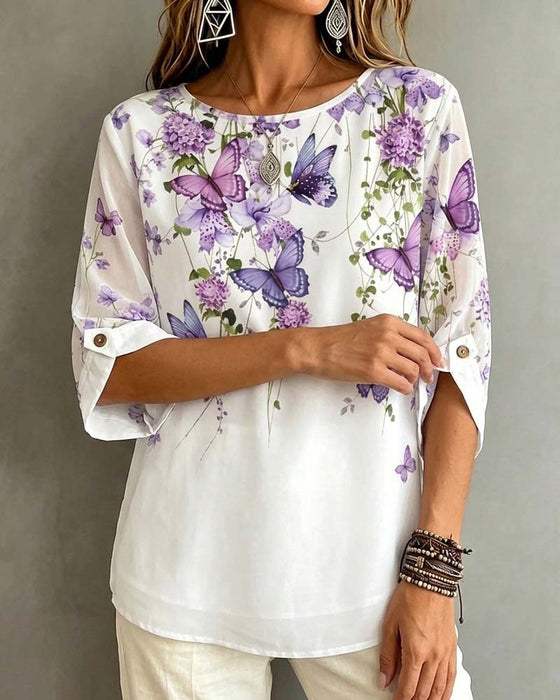 Bluse Rundhals Schmetterling Blumen