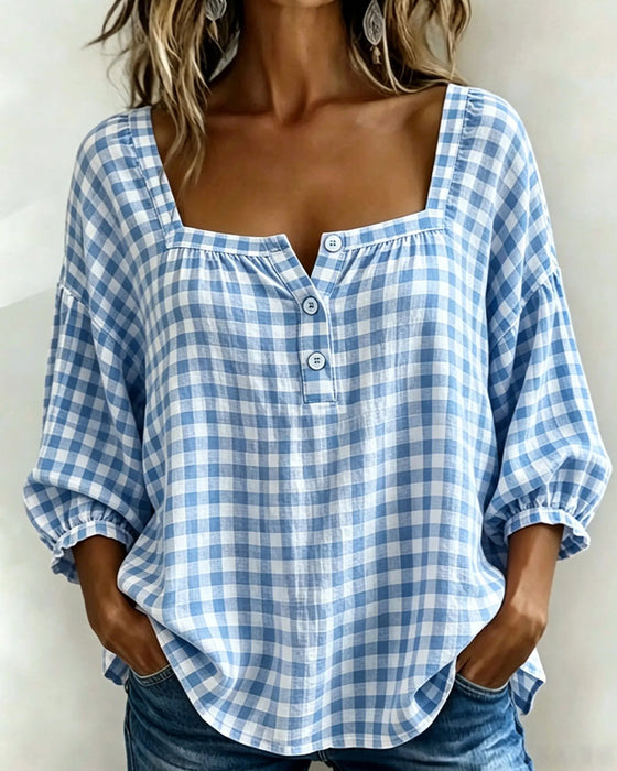 Bluse Quadratischer Ausschnitt Knopfleiste Karo