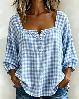 Bluse Quadratischer Ausschnitt Knopfleiste Karo