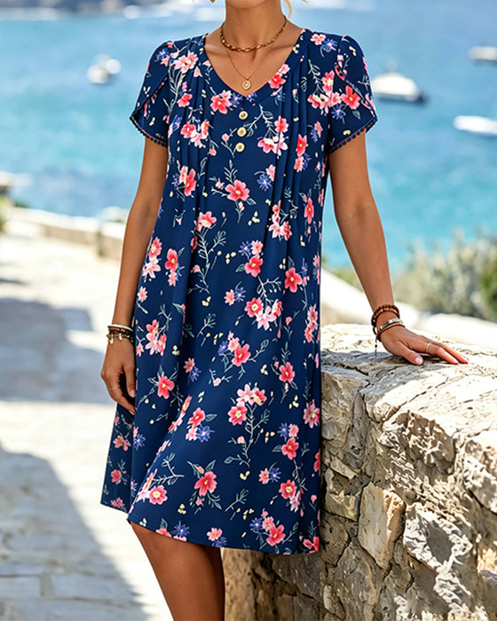 Kleid Mit V-Ausschnitt, Blumenmuster Und Kurzarm