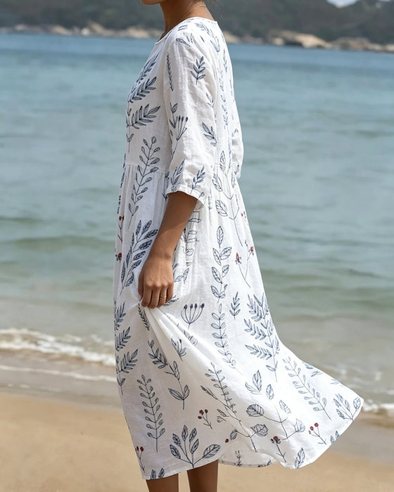 Kleid Kurzarm Rundhals Blatt Druck