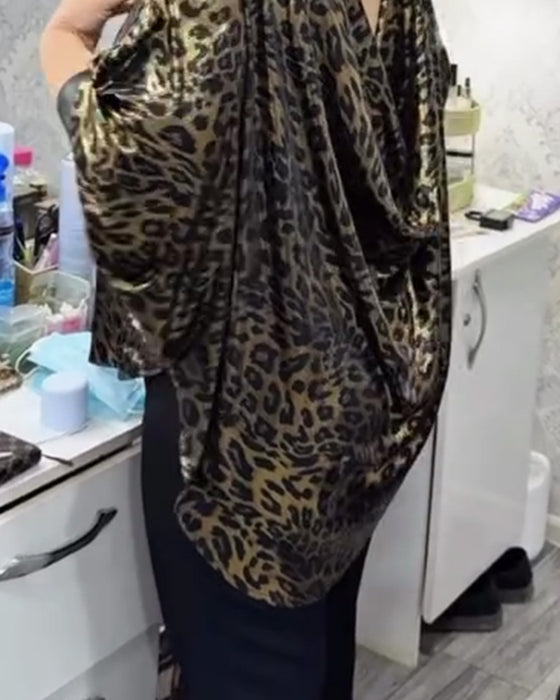 Bluse Stilvoll Lockere Passform Leopardenprint Rundhalsausschnitt