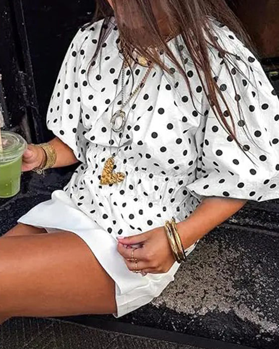 Bluse Pünktchen Off-Shoulder Tailliert Blasenärmel