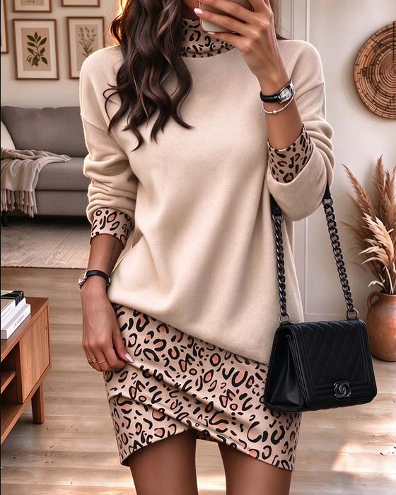Kleid Hoher Kragen Leopardenmuster Slim