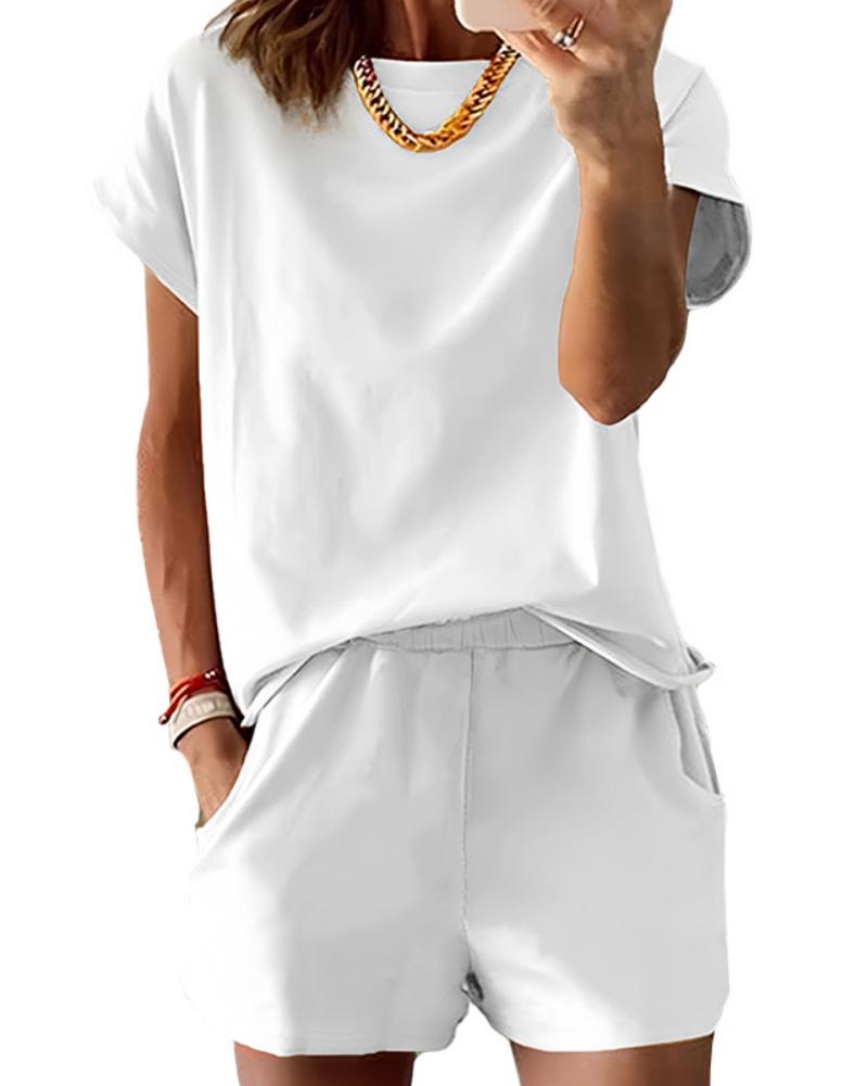 Set Rundhalsausschnitt Einfarbig Tasche Kurzarm Shorts