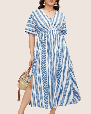 Kleid Tief V Blau Weiß Geometrischer Streifen Taille