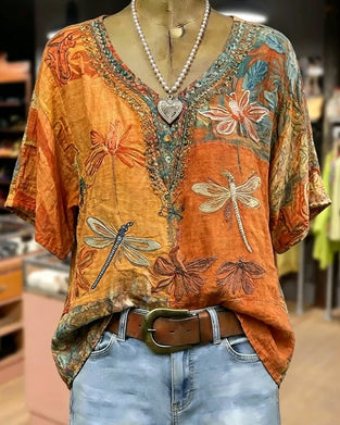 Bluse Vintage Libellenprint Lässig