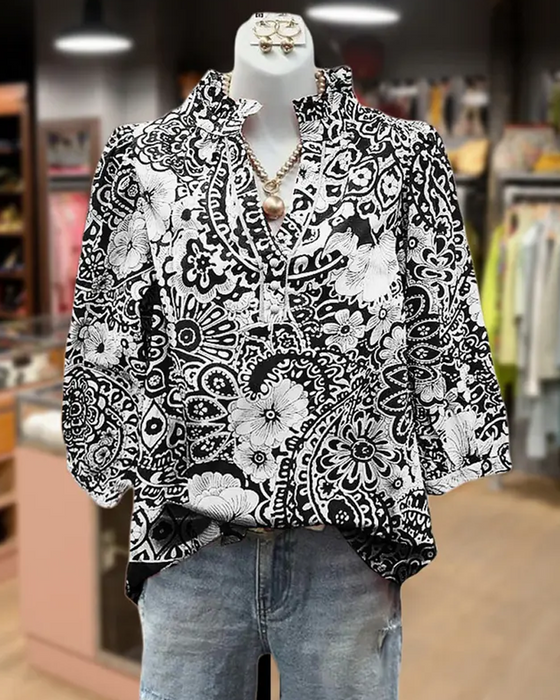 Bluse Paisley Blumenprint Mandarin-Kragen