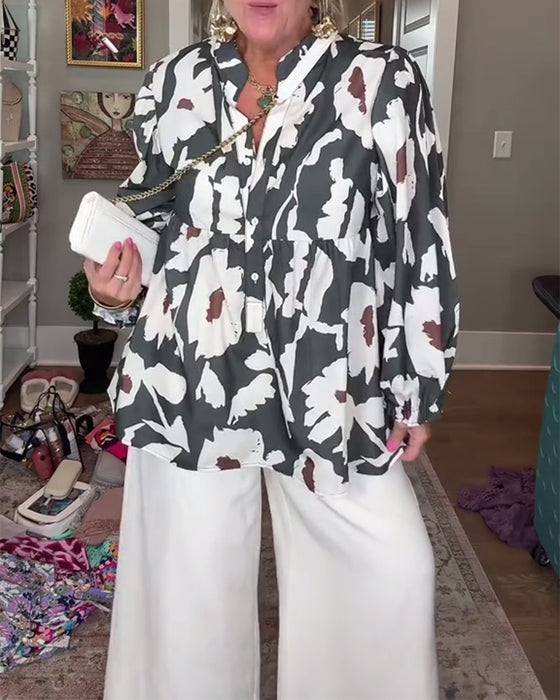 Bluse Blumenprint Rüschenbesatz Locker