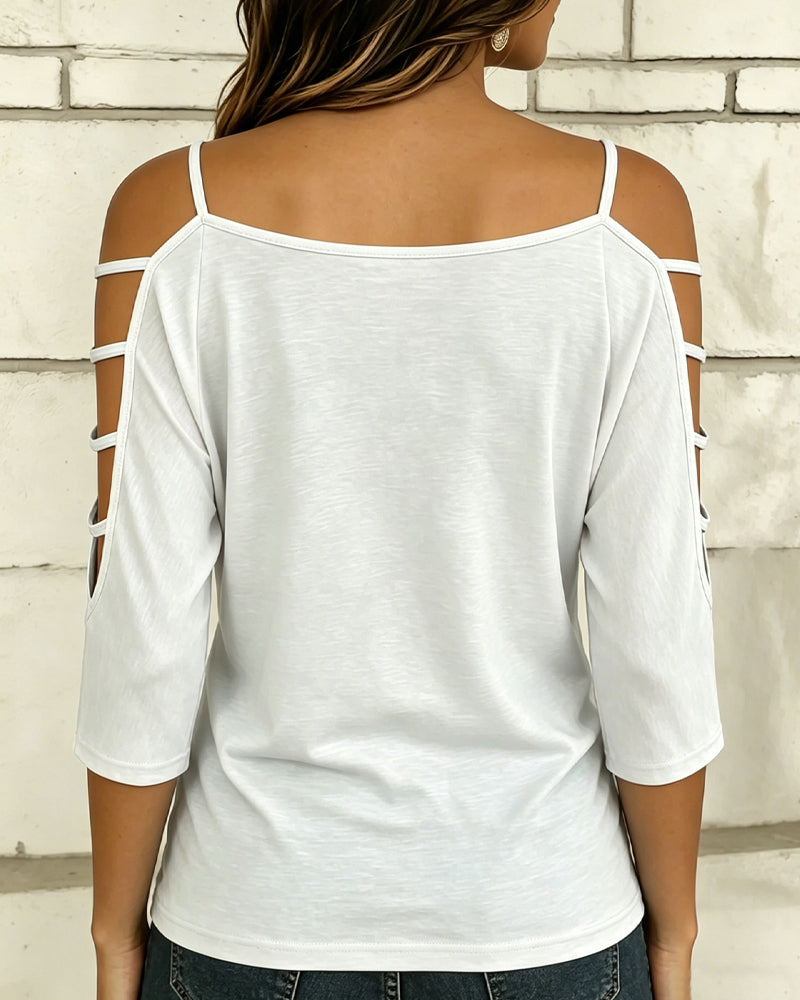 T-Shirt Uni Farbe Ellenbogenlang Ärmel Off-Shoulder