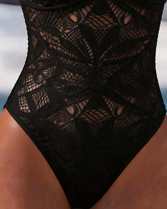 One-Piece Ausschnitt Spitze Ein Schulter