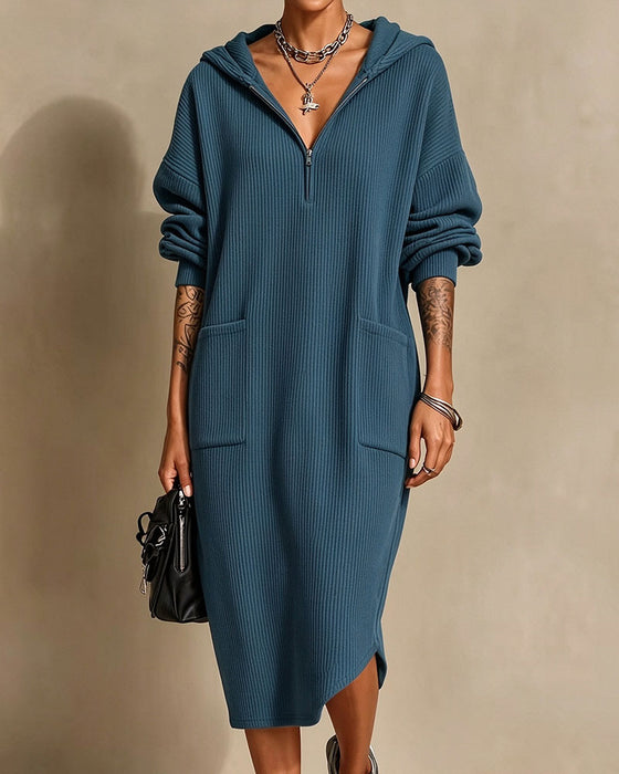 Kleid Mit Kapuze Reißverschluss Tasche