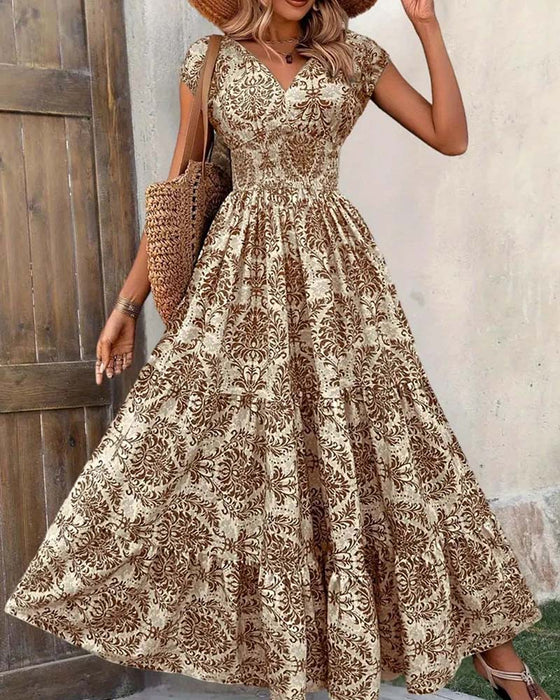 Kleid Retro Print V-Ausschnitt Tailliert Lang